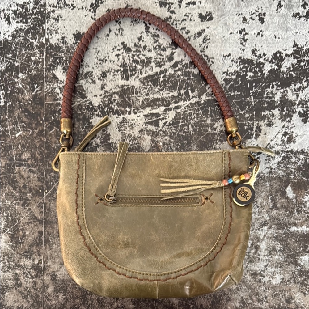 The Sak Army Green Distressed Leather Small Hobo Bag 11x8x3"